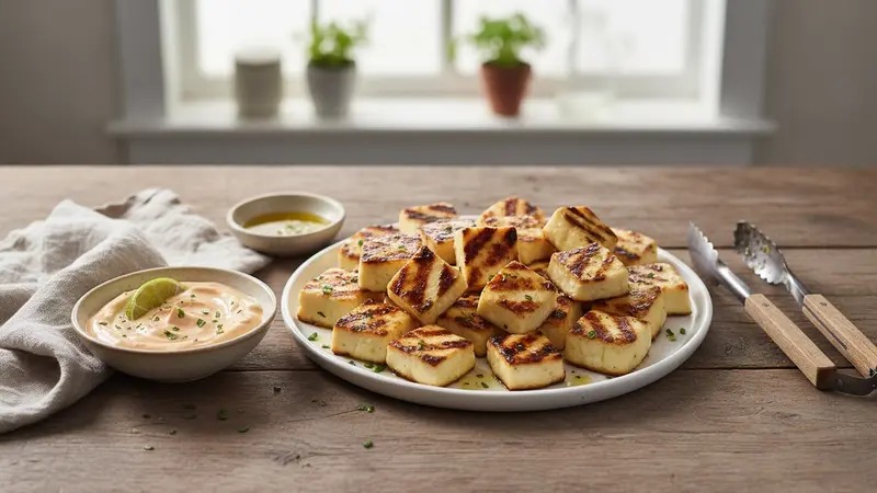 Grilled Halloumi Bites with Spicy Mayo