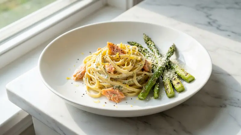 Smoked Asparagus Pasta with Smoked Salmon and Dill Cream
