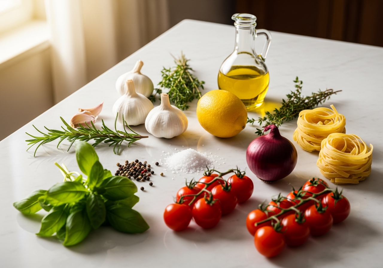 Kitchen counter with fresh cooking ingredients